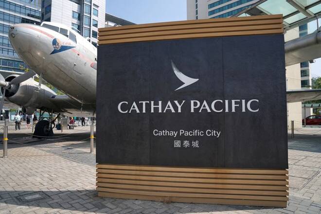 Sign of Cathay Pacific is seen at its headquarters Cathay City in Hong Kong