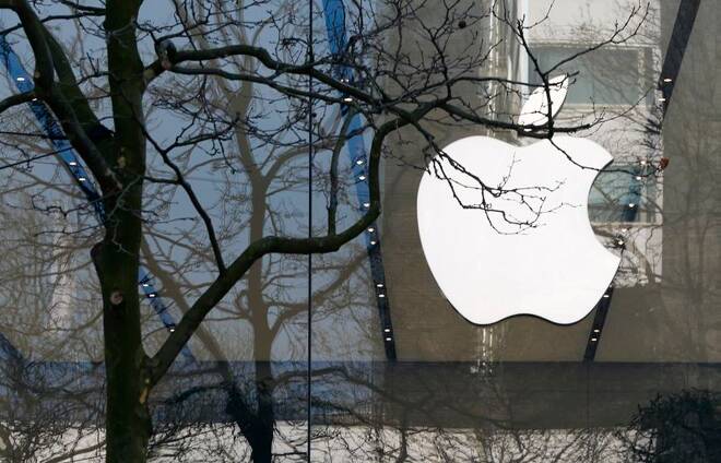 An Apple logo is seen at the entrance of an Apple Store in downtown Brussels