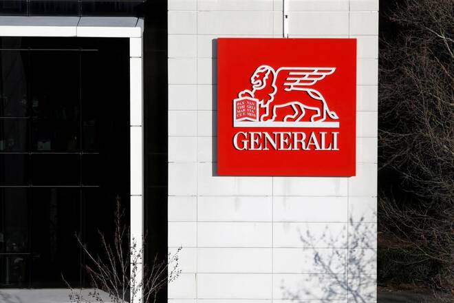 An Assicurazioni Generali SpA's logo is seen on a building of their offices in Saint-Denis