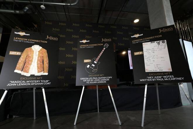 Items are pictured during a preview of "Lennon Connection: The NFT Collection" at Julien's Auctions in Beverly Hills