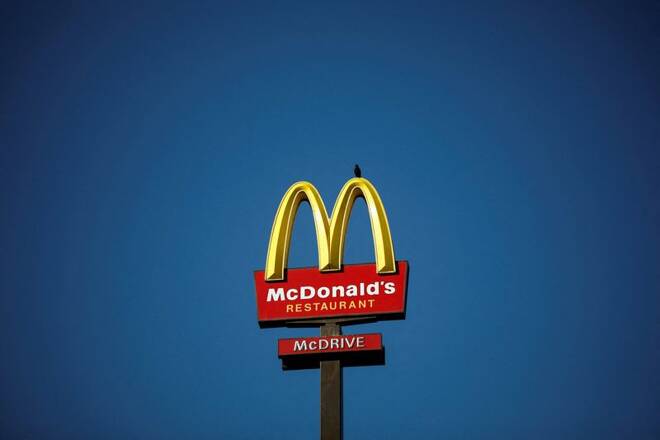 The McDonald's company logo stands on a sign outside a restaurant in Bretigny-sur-Orge, near Paris
