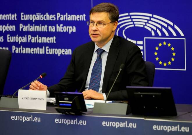 European Commission Executive Vice President Valdis Dombrovskis attend a press conference at European Parliament session in Strasbourg