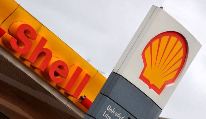 The Shell logo is seen at a petrol station in London