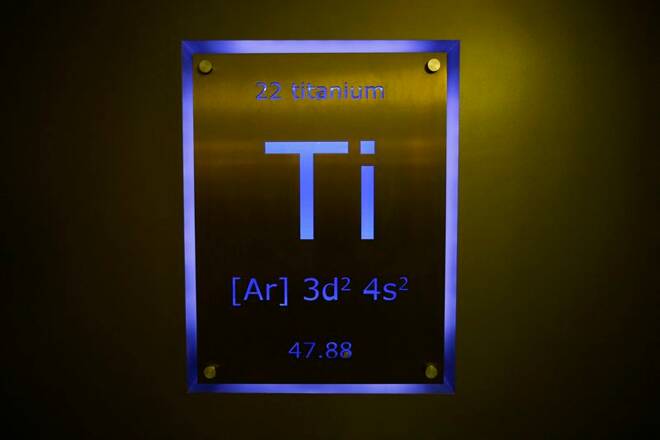 Sign showing titanium on the periodic table of elements is seen at the Nobel Biocare manufacturing facility in Yorba Linda, California