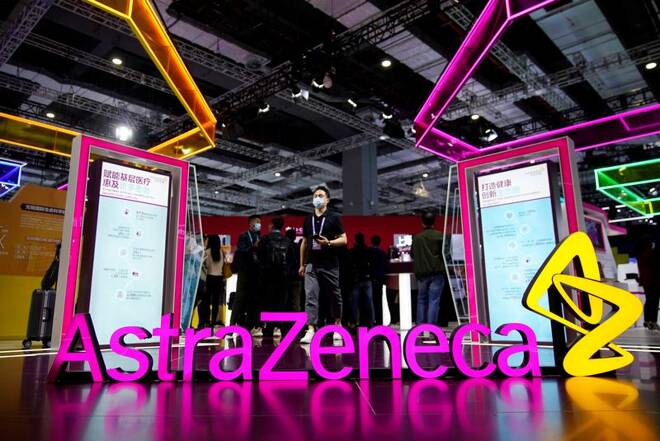 An AstraZeneca sign is seen at the third China International Import Expo (CIIE) in Shanghai