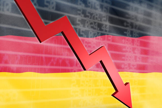 Red arrow pointing down against stocks and shares