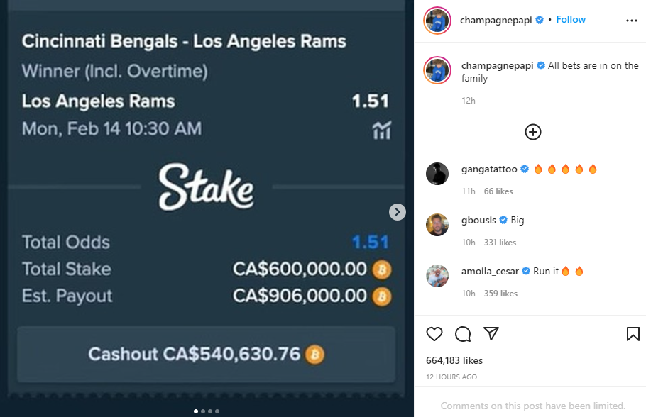 Drake Bets Over $1 Million in Bitcoin for Super Bowl, Favors LA Rams