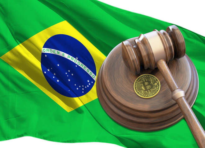 Bitcoin,And,Judge,Gavel,Laying,On,Flag,Of,Brazil.,Bitcoin