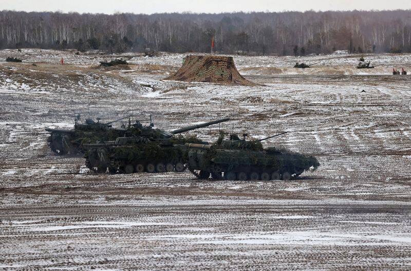 Military vehicles are seen during the joint exercises of the armed forces of Russia and Belarus in the Brest Region
