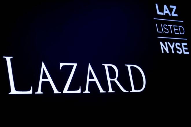 The logo and trading information for Lazard Ltd appear on a screen on the floor at theNYSE in New York