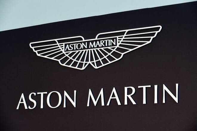 An Aston Martin logo is pictured at the factory in Saint Athan