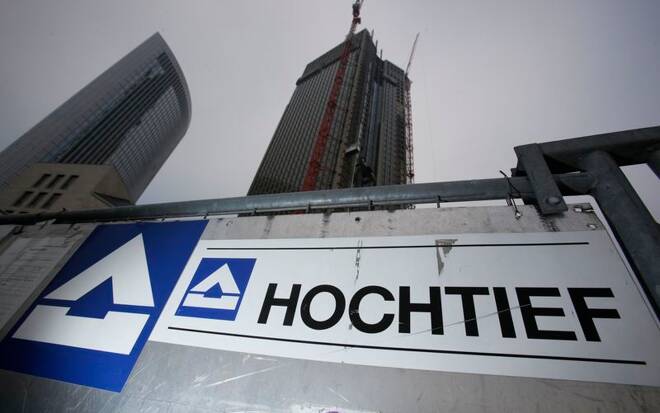 A logo of German construction group Hochtief is seen at the building site of the new skyscraper 'Tower 185' in Frankfurt