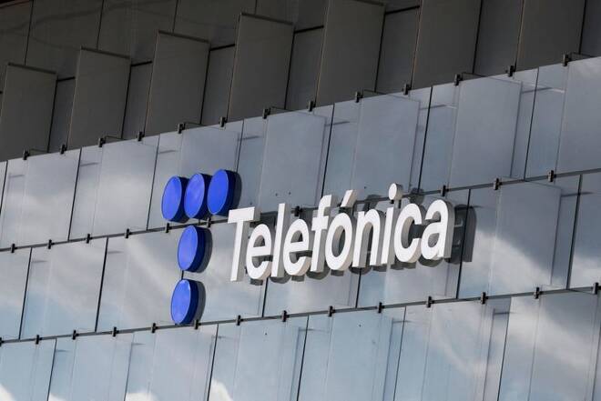 The logo of Spanish Telecom company Telefonica is seen in Madrid
