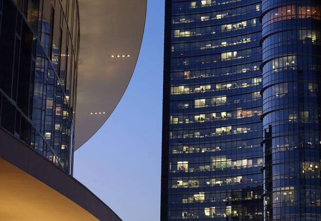 Offices are seen at the Gae Aulenti square at Porta Nuova district downtown Milan