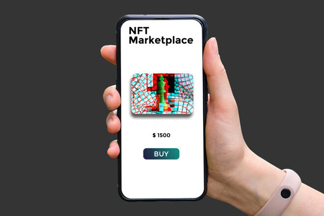 Hand,Holds,Smartphone,With,Type,Of,Cryptographic,Nft,Marketplace,With