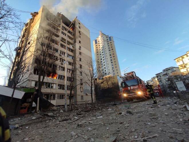 A residential building damaged by shelling is seen in Kyiv