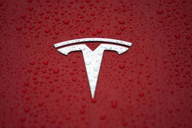 A Tesla logo is seen at a groundbreaking ceremony of Tesla Shanghai Gigafactory in Shanghai