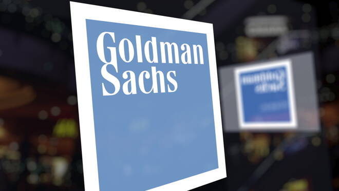 The Goldman Sachs Group, Inc. logo on the glass against blurred business center. Editorial 3D rendering