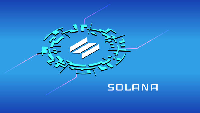 Solana SOL isometric token symbol in digital circle on blue back