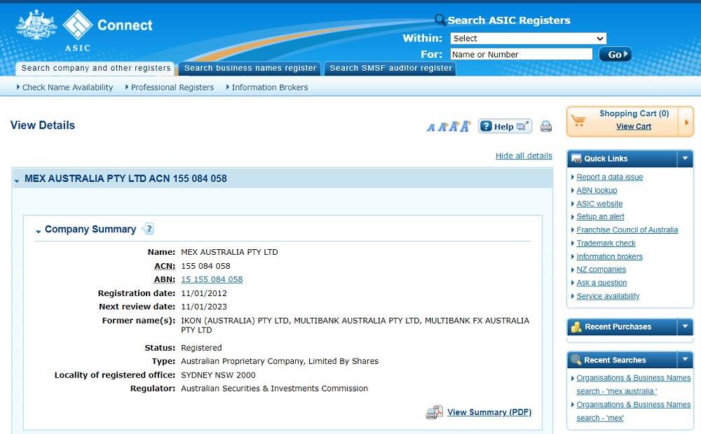 MEX Australia on the ASIC register