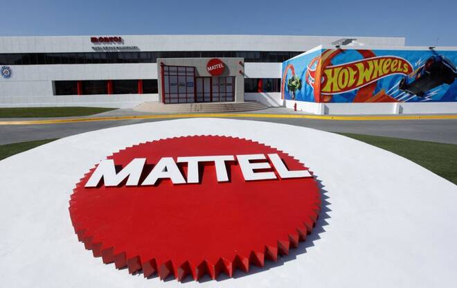 The Mattel company logo is pictured at the entrance of the Montoi plant in the municipality of Escobedo