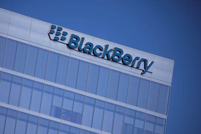 The Blackberry logo is shown on a office tower in Irvine, California