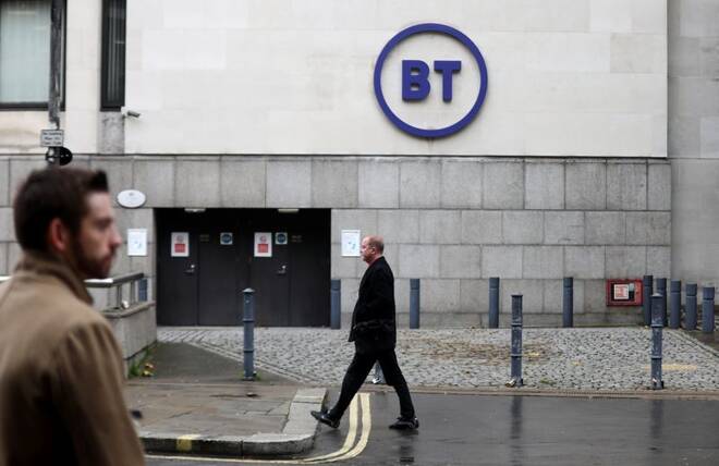 People walk past British Telecom headquarters in London