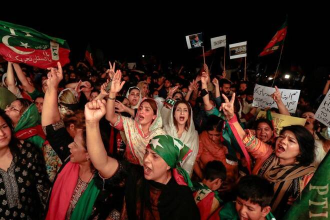 People rally in support of former Pakistani Prime Minister Imran Khan, in Islamabad
