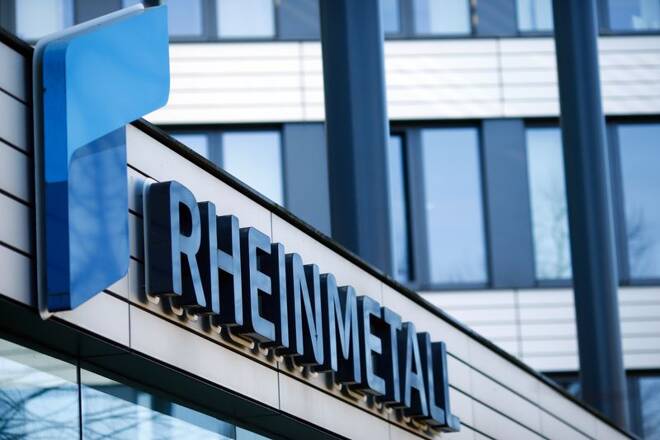 The logo of Germany's Rheinmetall AG is seen after the Company's 2019 annual report in Duesseldorf