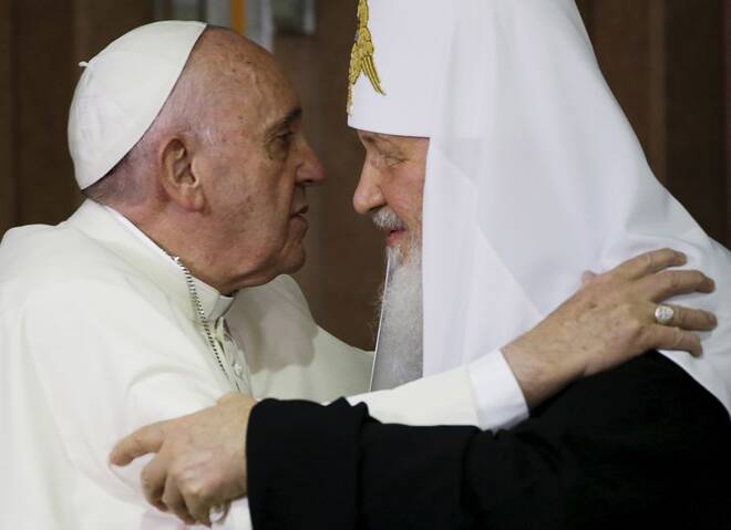 Pope Francis embraces Russian Orthodox Patriarch Kirill after signing a joint declaration on religious unity at the Jose Marti International airport in Havana