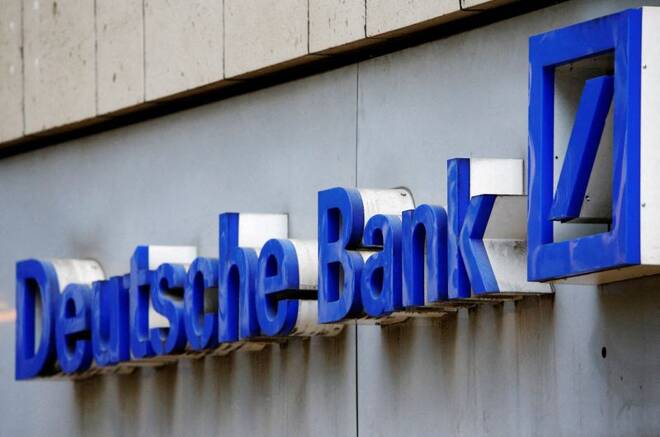 A logo of a branch of Germany's Deutsche Bank is seen in Cologne, Germany