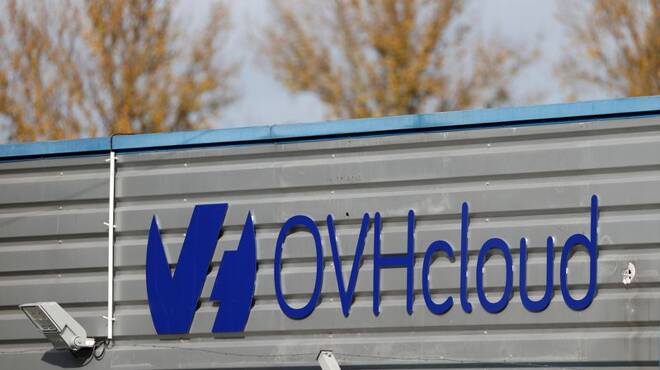 The logo of French cloud computing company OVHcloud is seen on a data-center building in Strasbourg