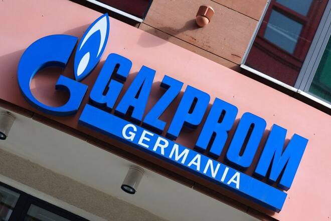 The logo of Gazprom Germania is pictured at their headquarters in Berlin