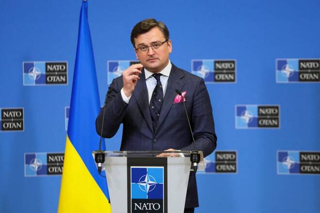 Ukrainian Foreign Minister Dmytro Kuleba speaks during a news conference at NATO headquarters in Brussels