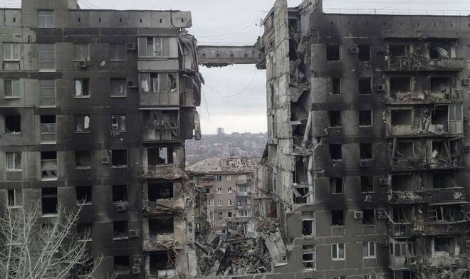 A view shows a destroyed building in Mariupol