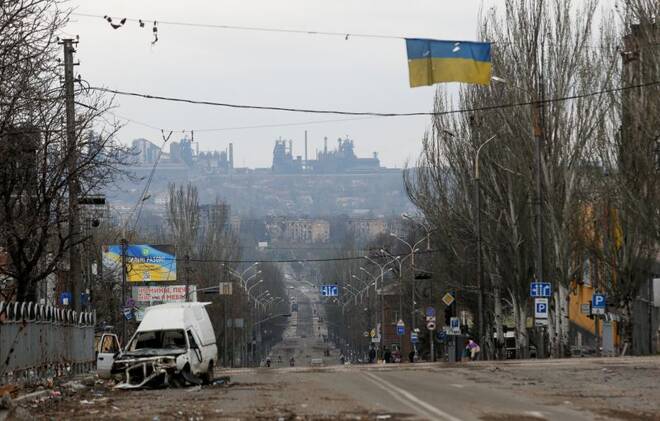 A view shows a damaged street in Mariupol