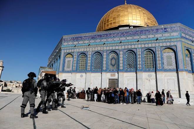 Israeli security forces move in positions during clashes with Palestinian protestors at the compound that houses Al-Aqsa Mosque, known to Muslims as Noble Sanctuary and to Jews as Temple Mount, in Jerusalem's Old City