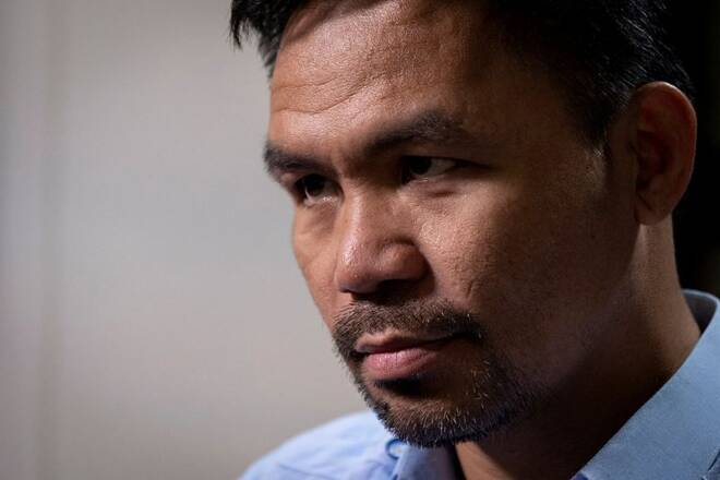 Presidential candidate and former boxing champion Pacquiao speaks to Reuters, in Makati City