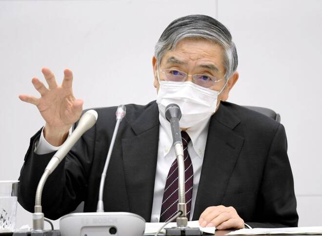 Bank of Japan Governor Haruhiko Kuroda wearing a protective face mask attends a news conference as the spread of the coronavirus disease continues in Tokyo