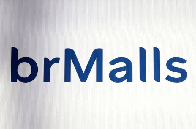 The company logo of brMalls is displayed on a screen on the floor of Brazil's B3 Stock Exchange in Sao Paulo