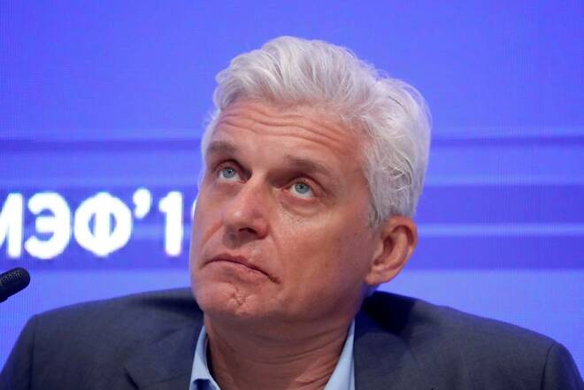 Russian business tycoon Oleg Tinkov attends a session of the St. Petersburg International Economic Forum