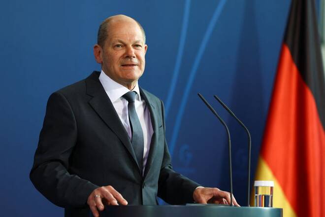 German Chancellor Scholz makes a statement after talks with European leaders and U.S. President Biden, in Berlin