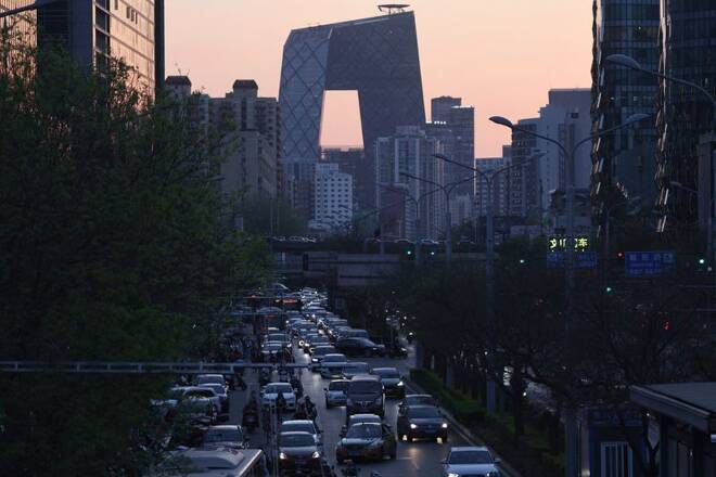 View shows traffic during evening rush hour near Beijing’s Central Business District (CBD)