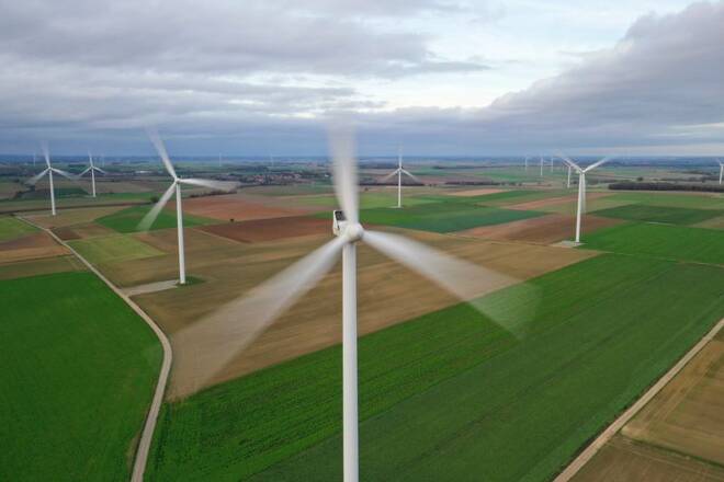 An aerial view shows power-generating windmill turbines in a wind farm in Morchies