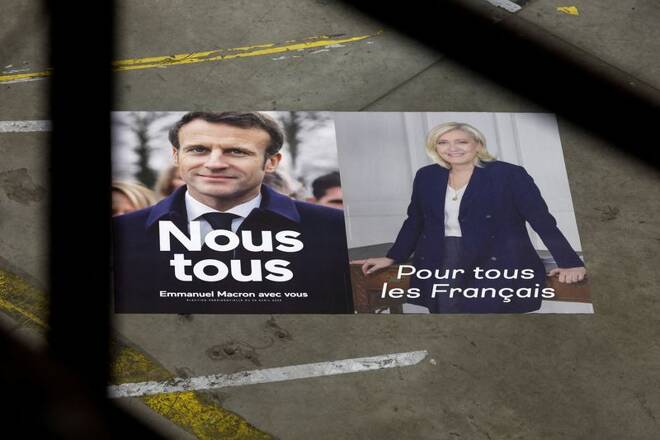 Official campaign posters of French presidential election candidates are displayed at France Affichage Plus dispatch hub in Mitry-Mory, outside Paris