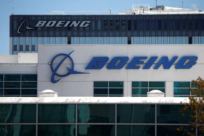The logo of Dow Jones Industrial Average stock market index listed company Boeing (BA) is seen in Los Angeles