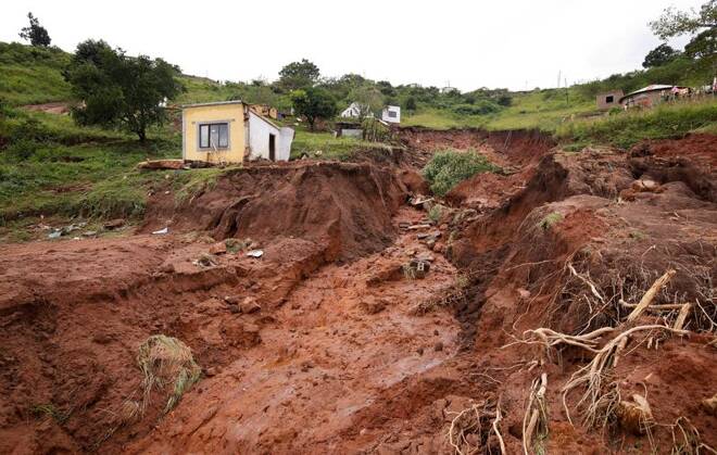 A general view of a mudslide which destroyed several houses during flooding in Mzinyathi near Durban