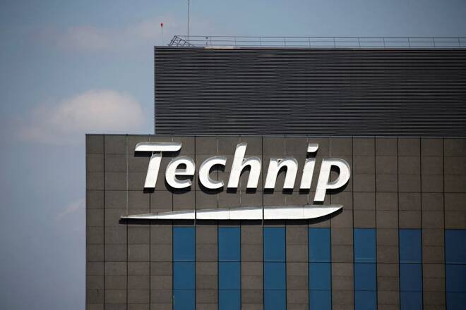 The logo of French oil engineering group Technip is seen on top of the company's headquarters in the financial and business district in La Defense at Courbevoie near Paris