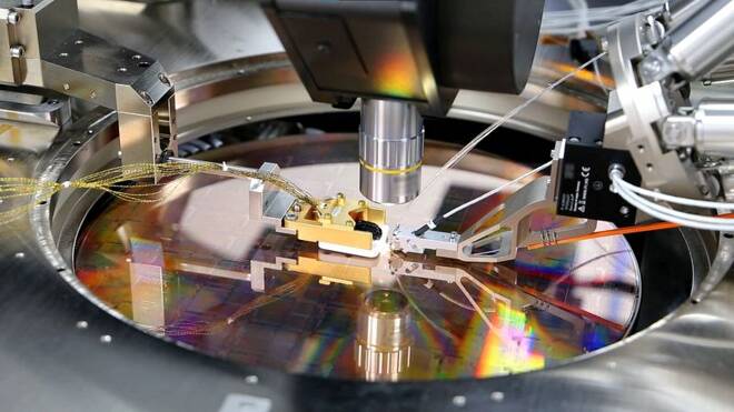 A view of a PsiQuantum Wafer, manufactured via PsiQuantum's partnership with GlobalFoundries, in Palo Alto
