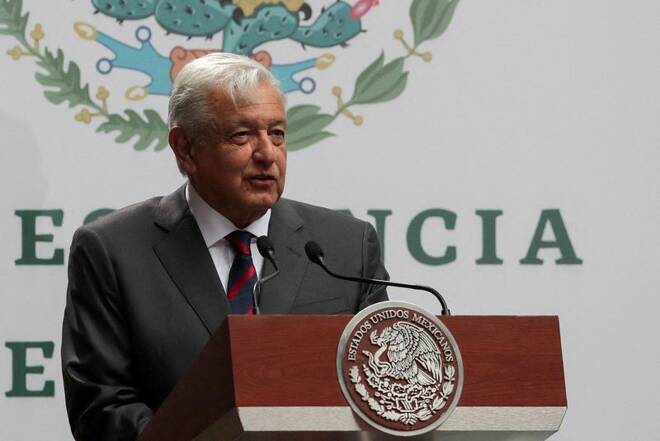 Mexican President Andres Manuel Lopez Obrador delivers a speech at the National Palace in Mexico City